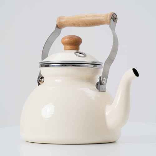English Home Turkish Teapot, 2.4 Liter Capacity, Induction Hob Kettle, Suitable For Tea Bags And Loose Leaf Tea, Stove Top Kettle with Wooden Handle, Enamel Coated Vintage Teapot, Cream
