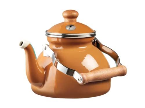 English Home Turkish Teapot, 2.4 Liter Capacity, Induction Hob Kettle, Suitable For Tea Bags And Loose Leaf Tea, Stove Top Kettle with Wooden Handle, Enamel Coated Vintage Teapot, Orange