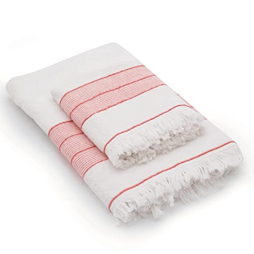 English Home Turkish Towel Set of 2, 1 Bath Towel and 1 Hand Towel, 100% Turkish Cotton Soft Quick Dry Easy Care Absorbent Lightweight Machine Washable Towels 50x85 + 75x150 cm Ecru-Red