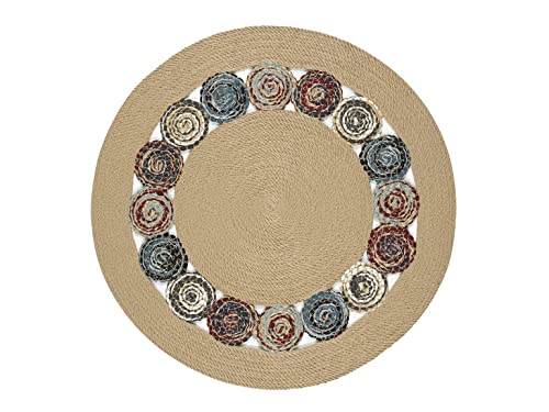 English Home Round Jute Rug, Decorative Boho Area Rug Carpet, Natural Beige with Multicolour Circle, Braided Jute Area Rugs for Living Room, Kitchen, Bedroom, 90 cm, Nikky