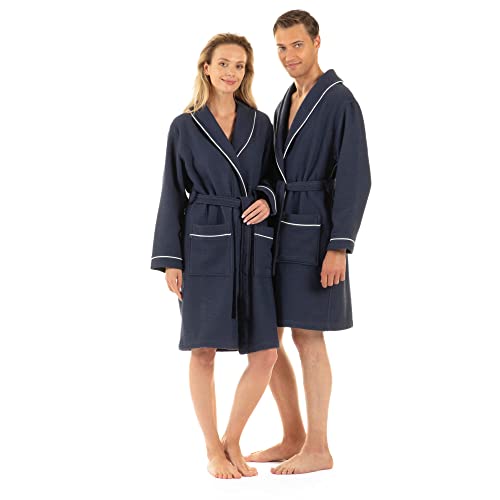 English Home Unisex Bathrobe Turkish Cotton Terry Toweling Shawl Collar Soft Waffle Robe Absorbent Dressing Gown Holiday Housecoat Nightwear for Gym Spa Shower Hotel S-M, Navy blue