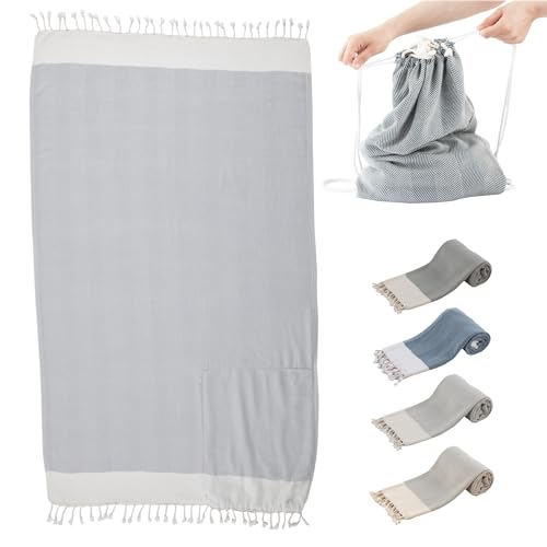Citrine Turkish Beach Towel Bag Hammam Towel,%100 Turkish Cotton Peshtemal, Beach Bag, Dry Lightweight for Travel, Beach, Sauna, Spa Pool, 90x150 cm, Gray