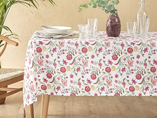 English Home Rectangular Tablecloth with Tassel Floral Print Washable Table Cloth Dining Table Cover for Kitchen Birthday Picnic Thanksgiving 150x220 cm, Pink